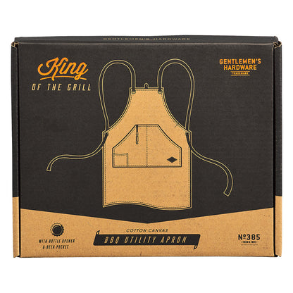Utility apron & bottle opener in a gift box, featuring a cotton canvas design and barbecue-themed printing, flat lay view.