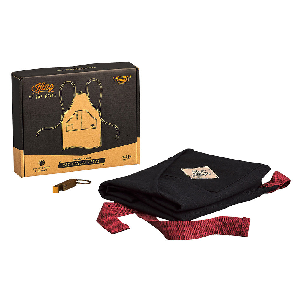Utility apron & bottle opener in black cotton with a beer pocket, packaged neatly for gifting, featuring a stylish box design.