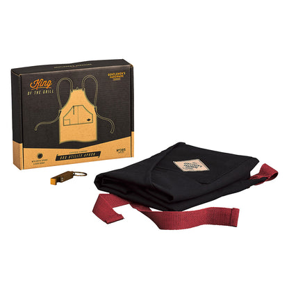 Utility apron & bottle opener in black cotton with a beer pocket, packaged neatly for gifting, featuring a stylish box design.