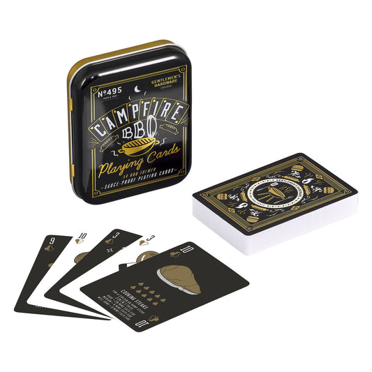 BBQ Playing Cards in a durable metal tin with illustrated cards showing barbecue tips and facts, flat lay view.