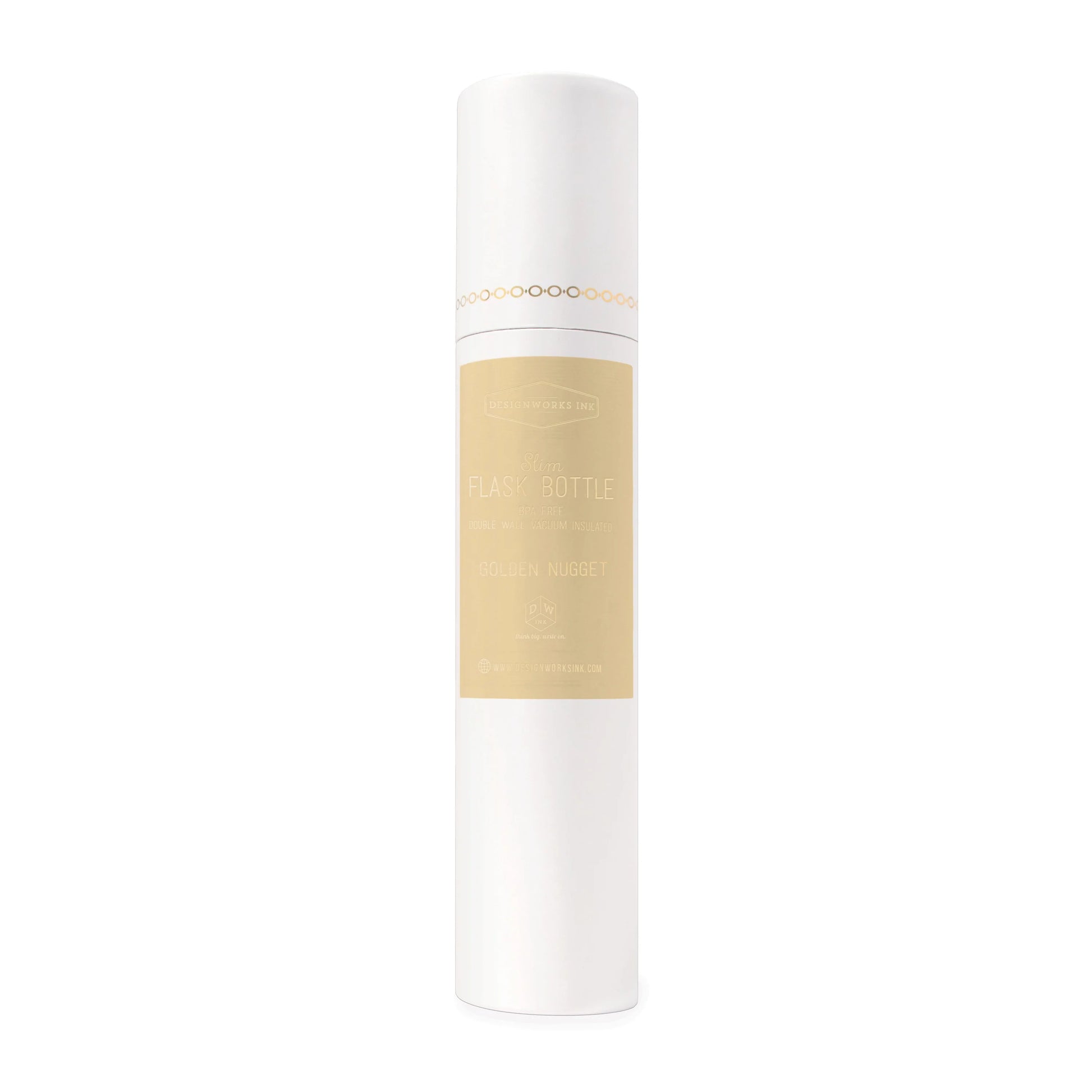 Golden Slim Flask Bottle in elegant white foil-stamped tube packaging, showcasing a subtle cream and gold design.