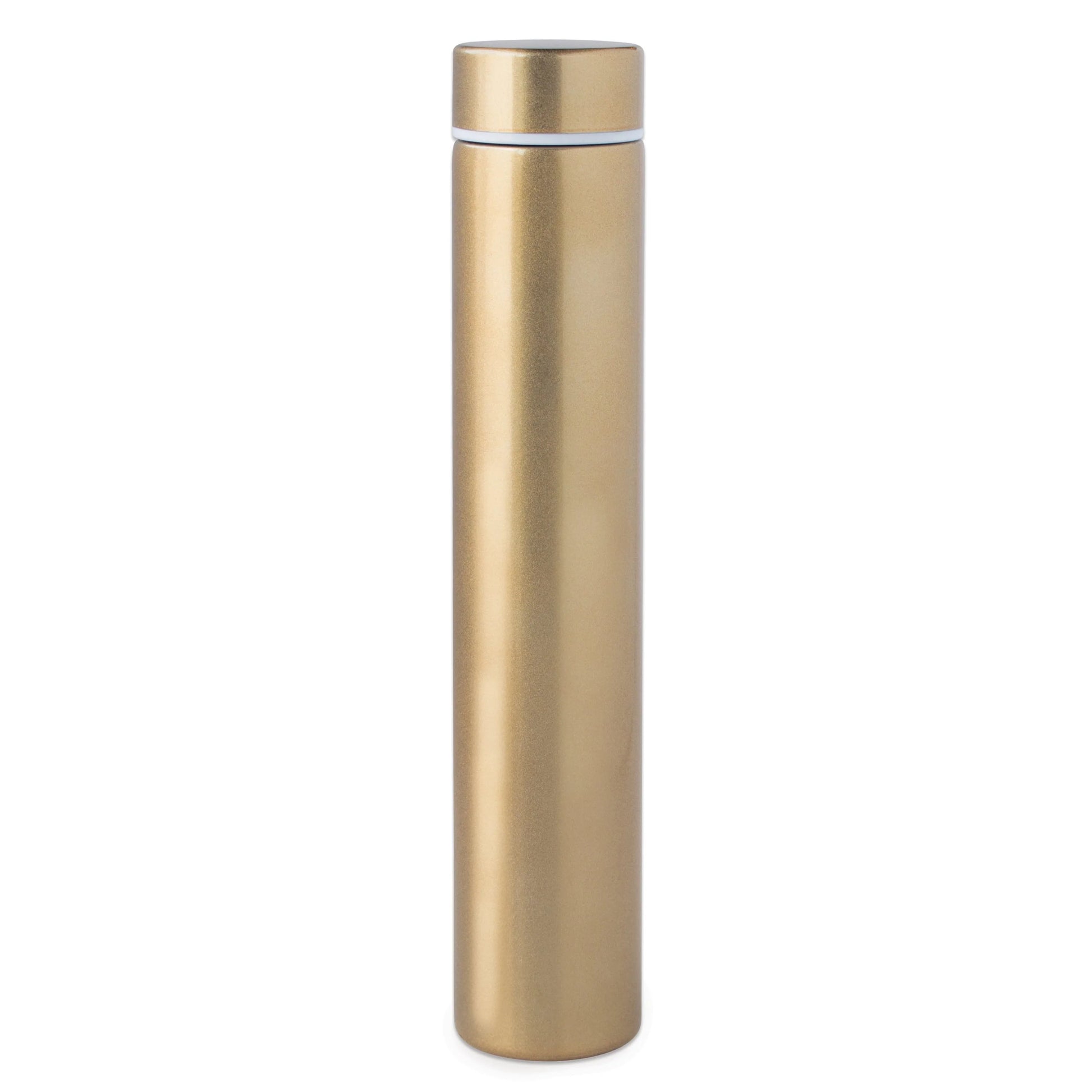 Golden Slim Flask Bottle in sleek gold finish, tall design with silver lid, perfect for stylish hydration.