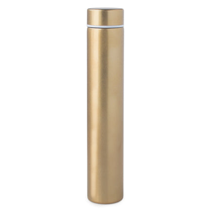 Golden Slim Flask Bottle in sleek gold finish, tall design with silver lid, perfect for stylish hydration.
