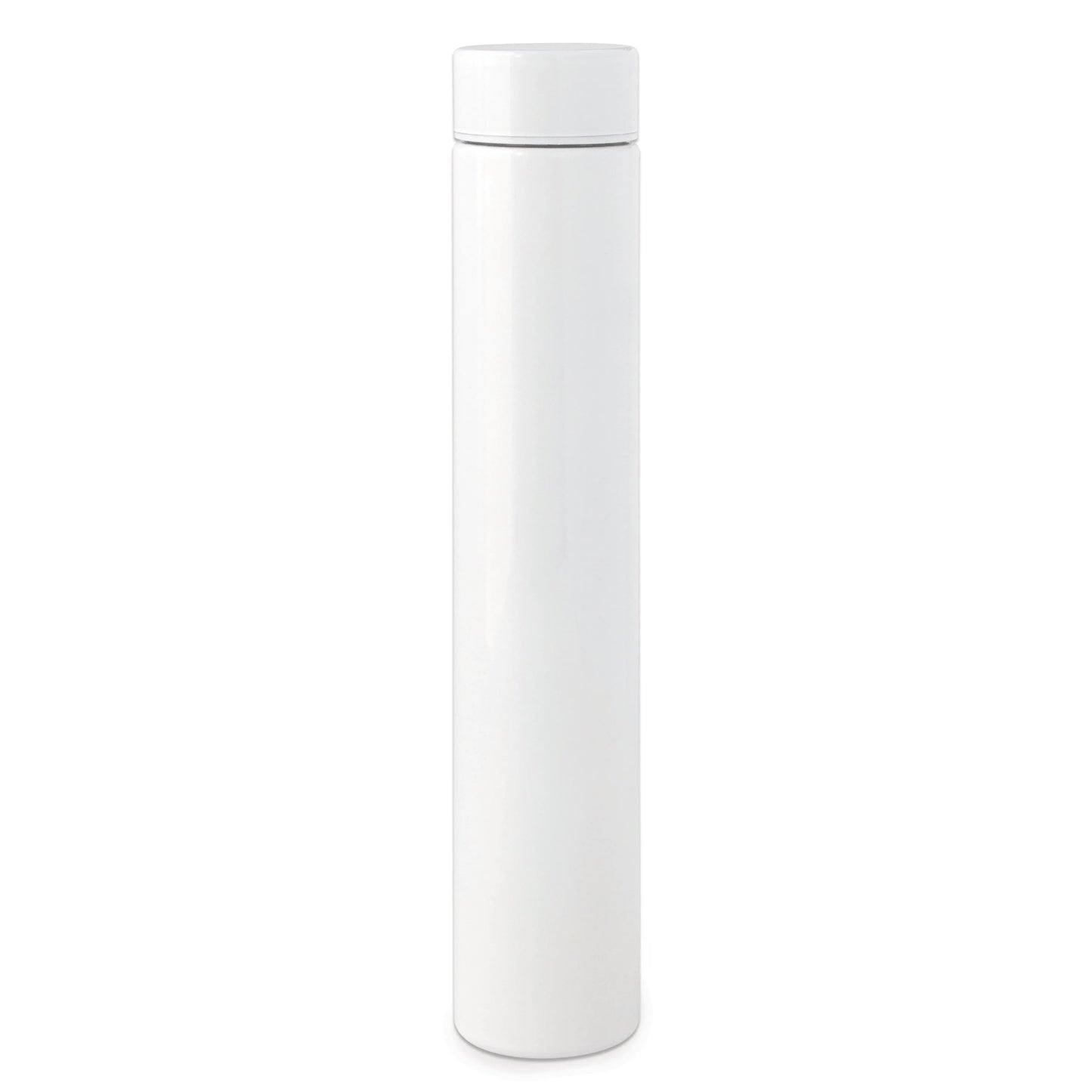 White slim flask bottle, stainless steel, 9.5 inch tall, upright view showcasing smooth, glossy finish.
