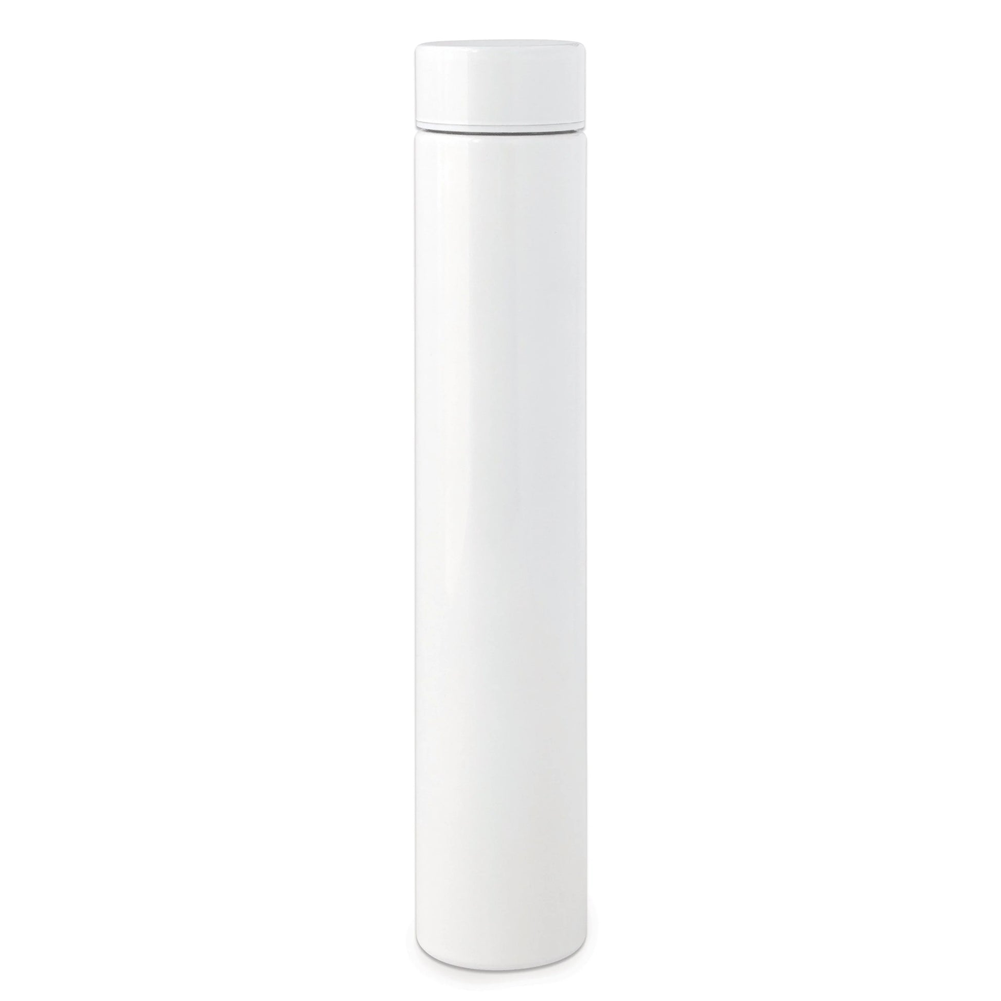 White slim flask bottle, stainless steel, 9.5 inch tall, upright view showcasing smooth, glossy finish.