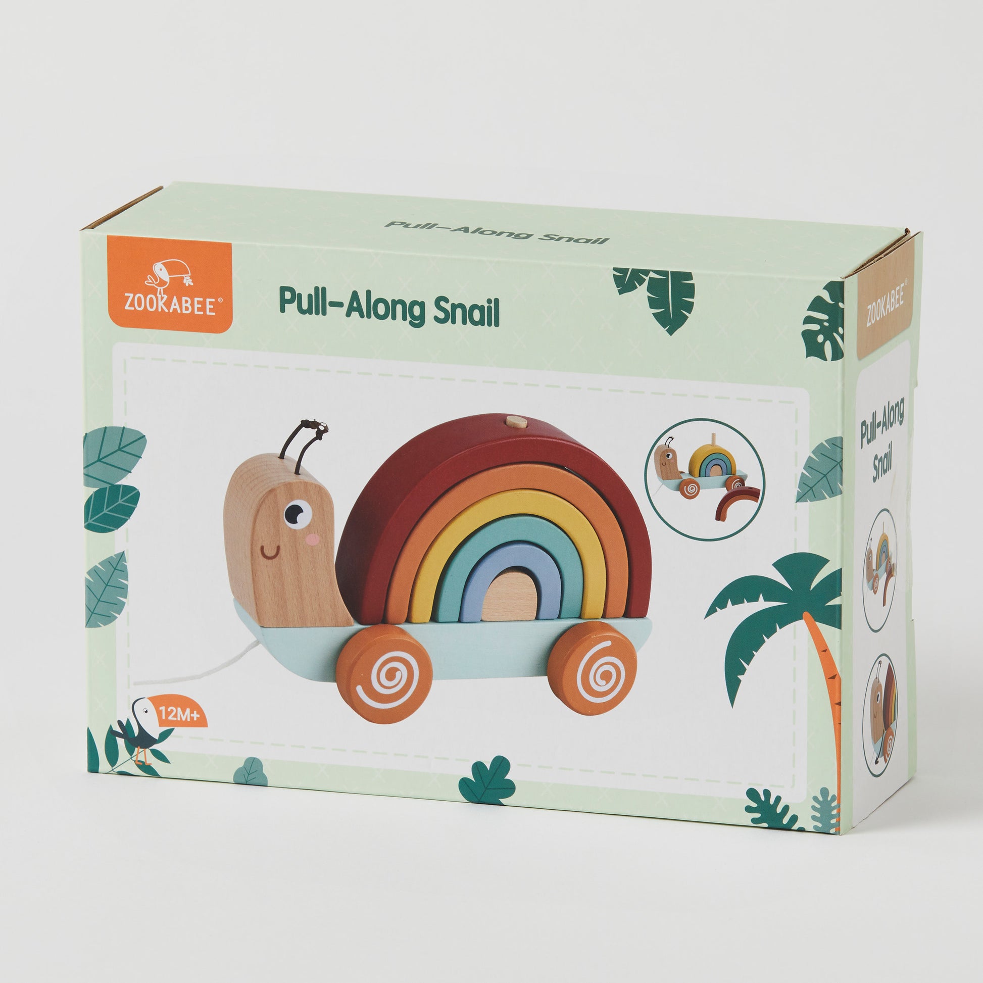 Pull Along Snail wooden toy in colourful packaging with rainbow shell and nature-themed design, ideal for toddlers.