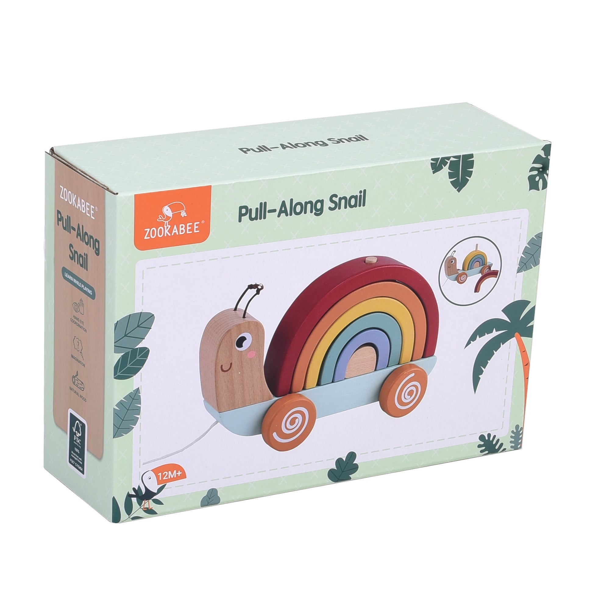 Pull Along Snail packaging with rainbow colours and wooden design featuring the snail's smiling face and wheels.