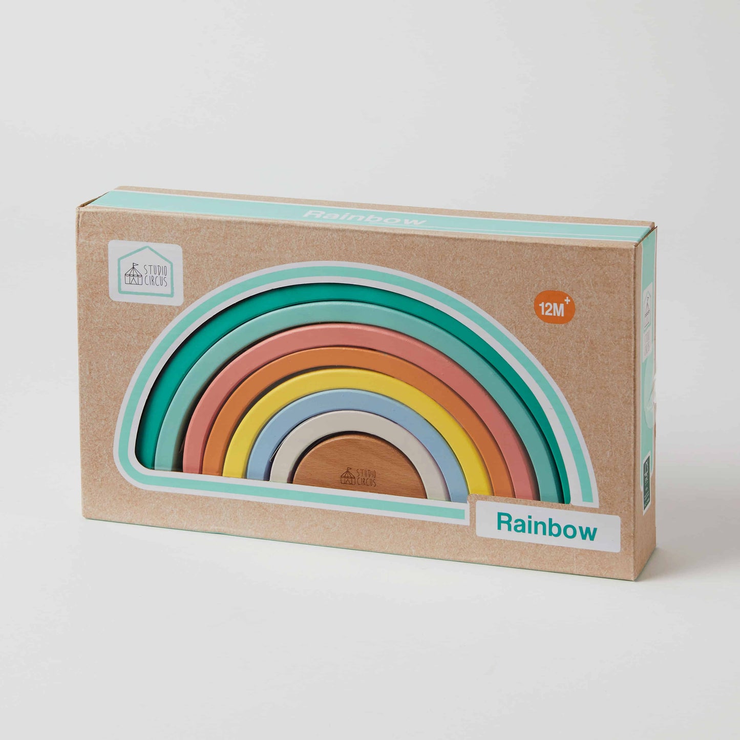 Rainbow stacker wooden toy in packaging, featuring semi-circular shapes in pastel colours, ideal for toddlers.