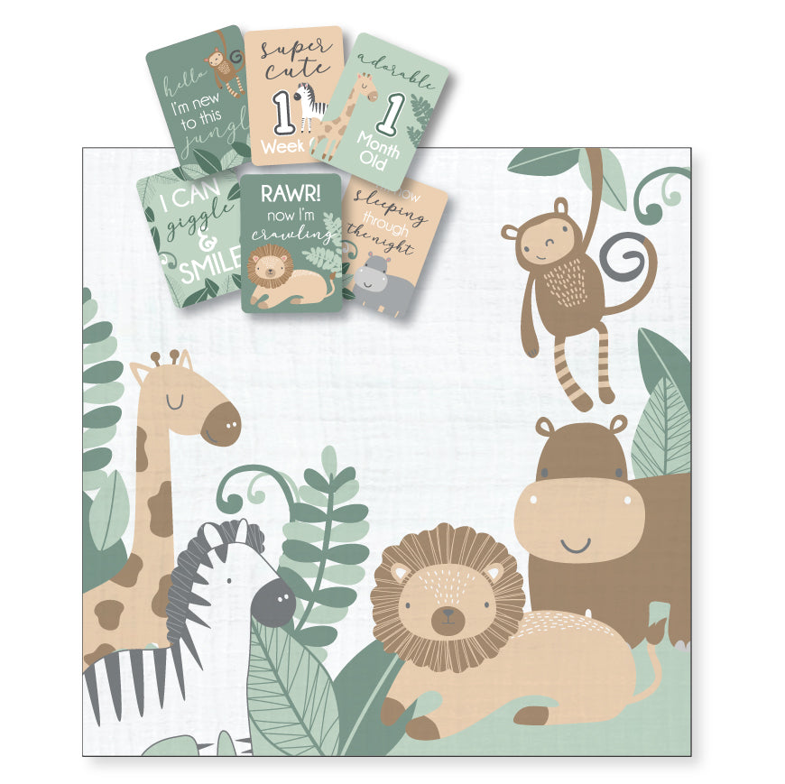 Safari Milestone Muslin Set featuring a playful animal print blanket with milestone cards displayed in a flat lay arrangement.