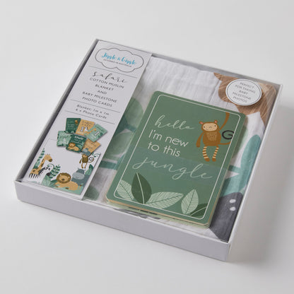 Safari Milestone Muslin Set featuring a soft cotton muslin blanket and milestone photo cards in a gift box.