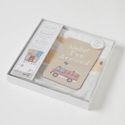 Transport milestone muslin set in gift box, featuring truck-themed milestone card and 100% cotton muslin blanket.