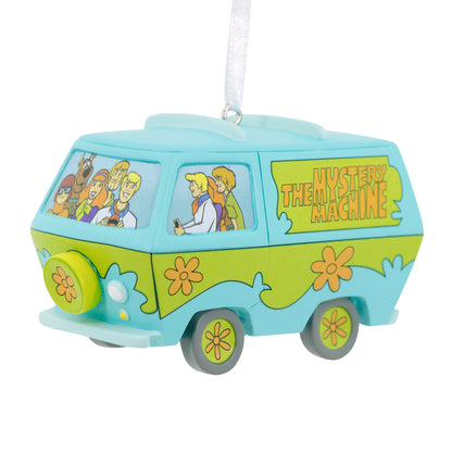 Scooby-Doo Mystery Machine - Hallmark Christmas Ornament in bright blue, featuring characters from the show, angled view with hanging ribbon.