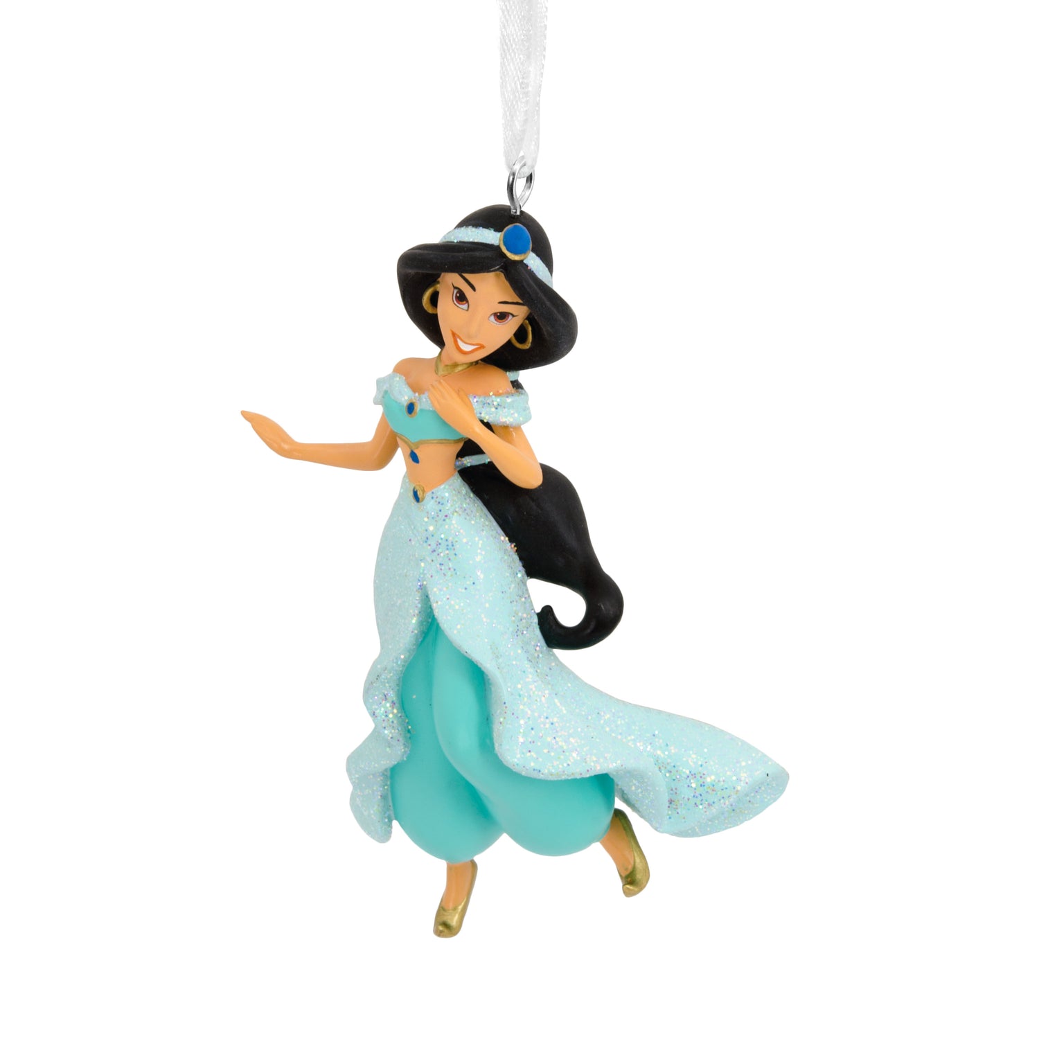 Hallmark Christmas Ornament - Disney Aladdin Princess Jasmine Pop, glittery turquoise character decoration, suspended with ribbon.