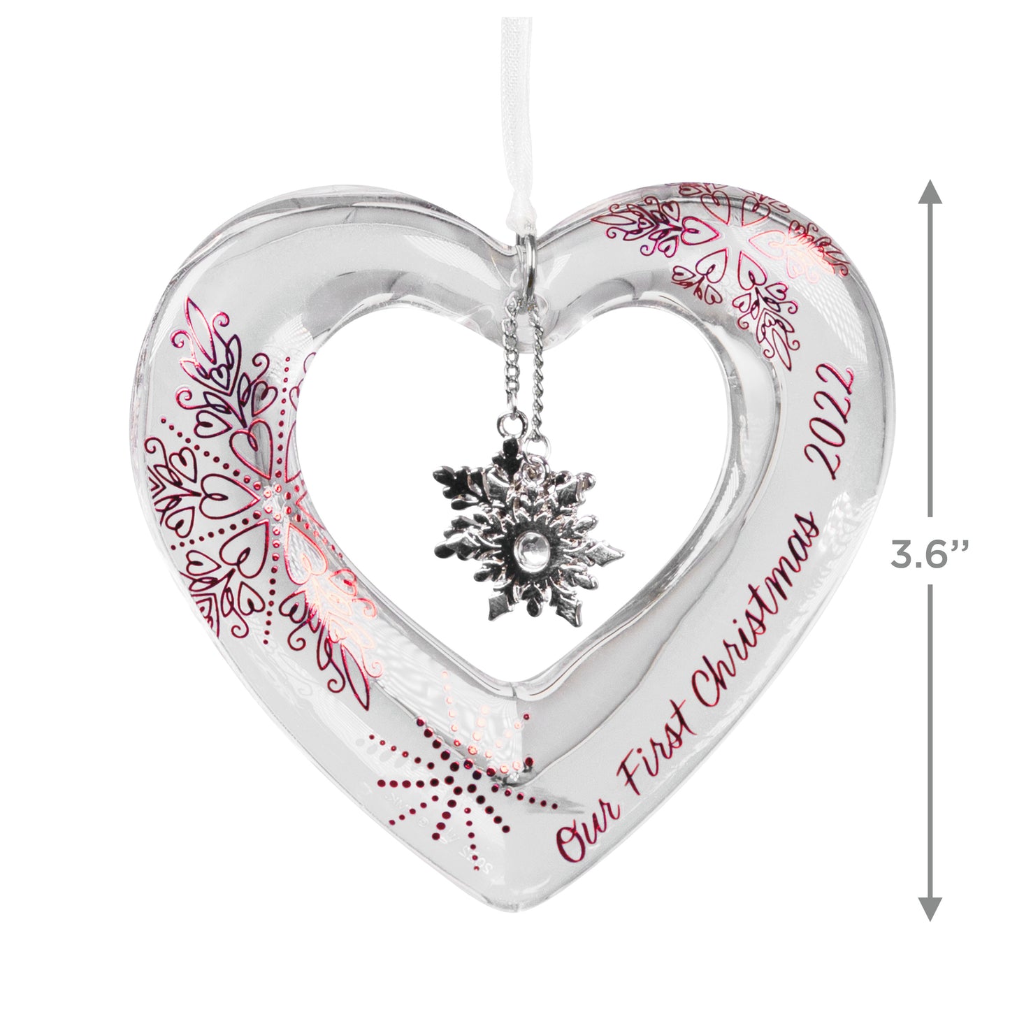 Our First Christmas Heart Glass — Hallmark Keepsake Ornament, elegant glass, snowflake charm, close up view, measures 9.1 cm