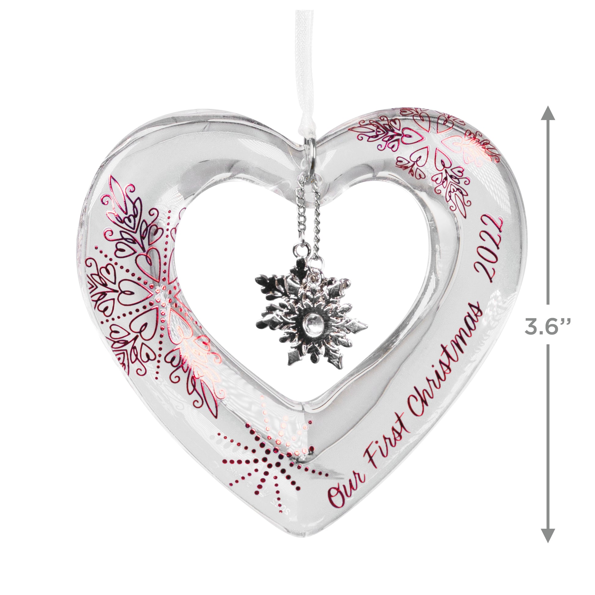 Our First Christmas Heart Glass — Hallmark Keepsake Ornament, elegant glass, snowflake charm, close up view, measures 9.1 cm