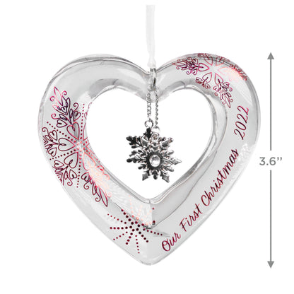 Our First Christmas Heart Glass — Hallmark Keepsake Ornament, elegant glass, snowflake charm, close up view, measures 9.1 cm