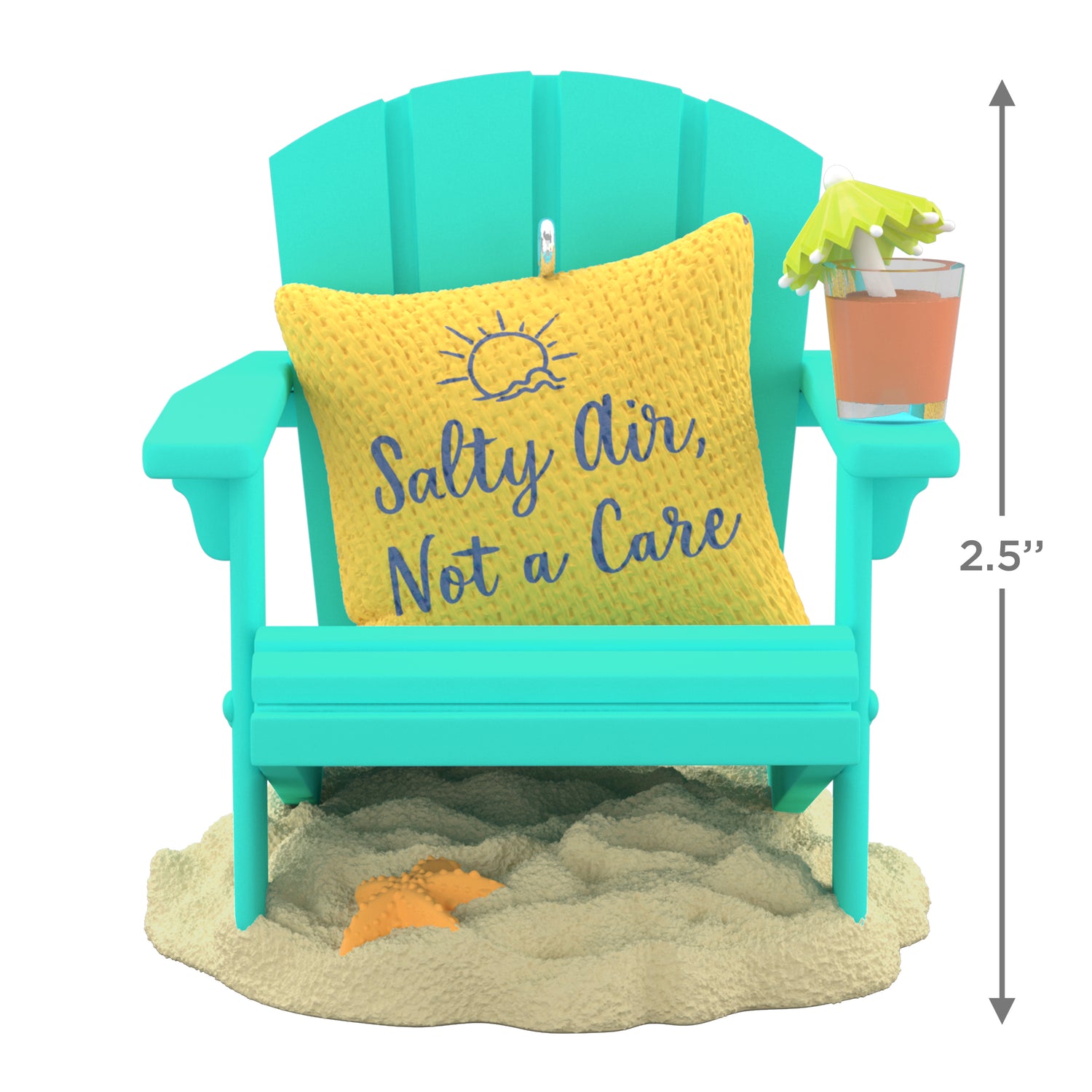 Beach Bliss — Hallmark Keepsake Ornament featuring a turquoise beach chair, cushion with text, drink, and sand detail.
