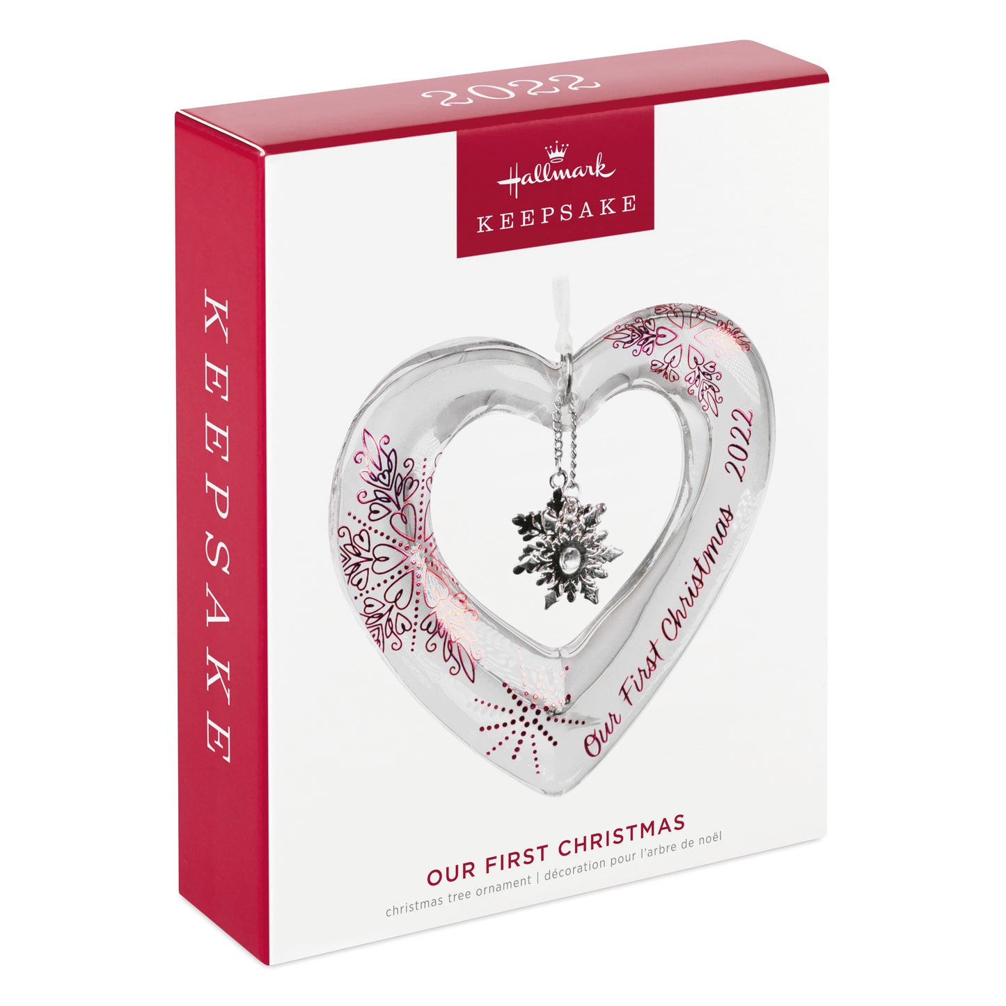 Our First Christmas Heart Glass — Hallmark Keepsake Ornament in decorative packaging with snowflake charm and metallic details.