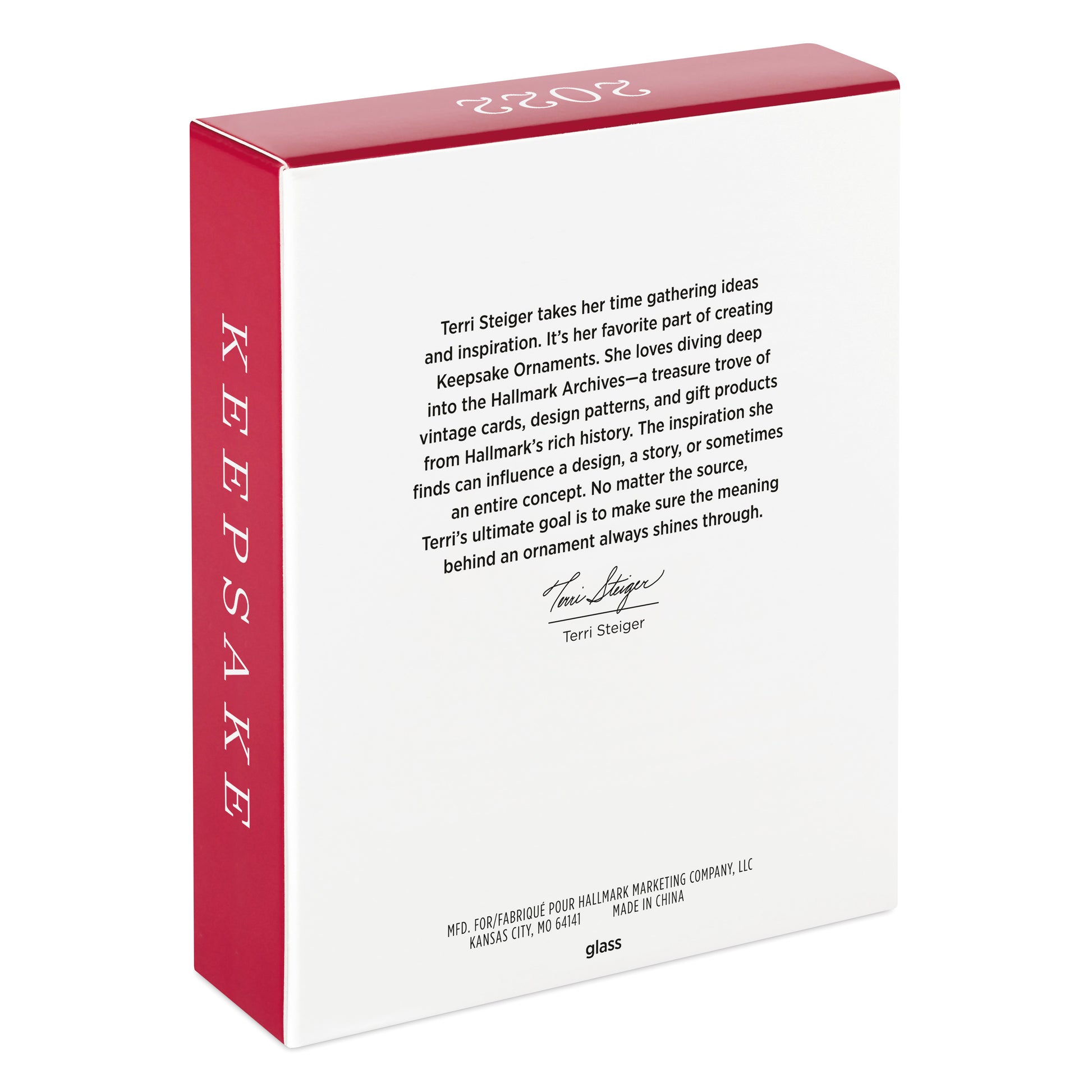 Our First Christmas Heart Glass — Hallmark Keepsake Ornament box back design, featuring artist Terri Steiger's biography and inspiration details.