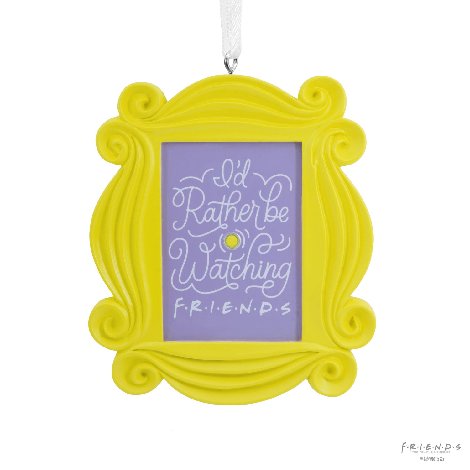 Friends Frame - Hallmark Christmas Ornament, yellow frame with purple backing, displaying text about watching Friends.