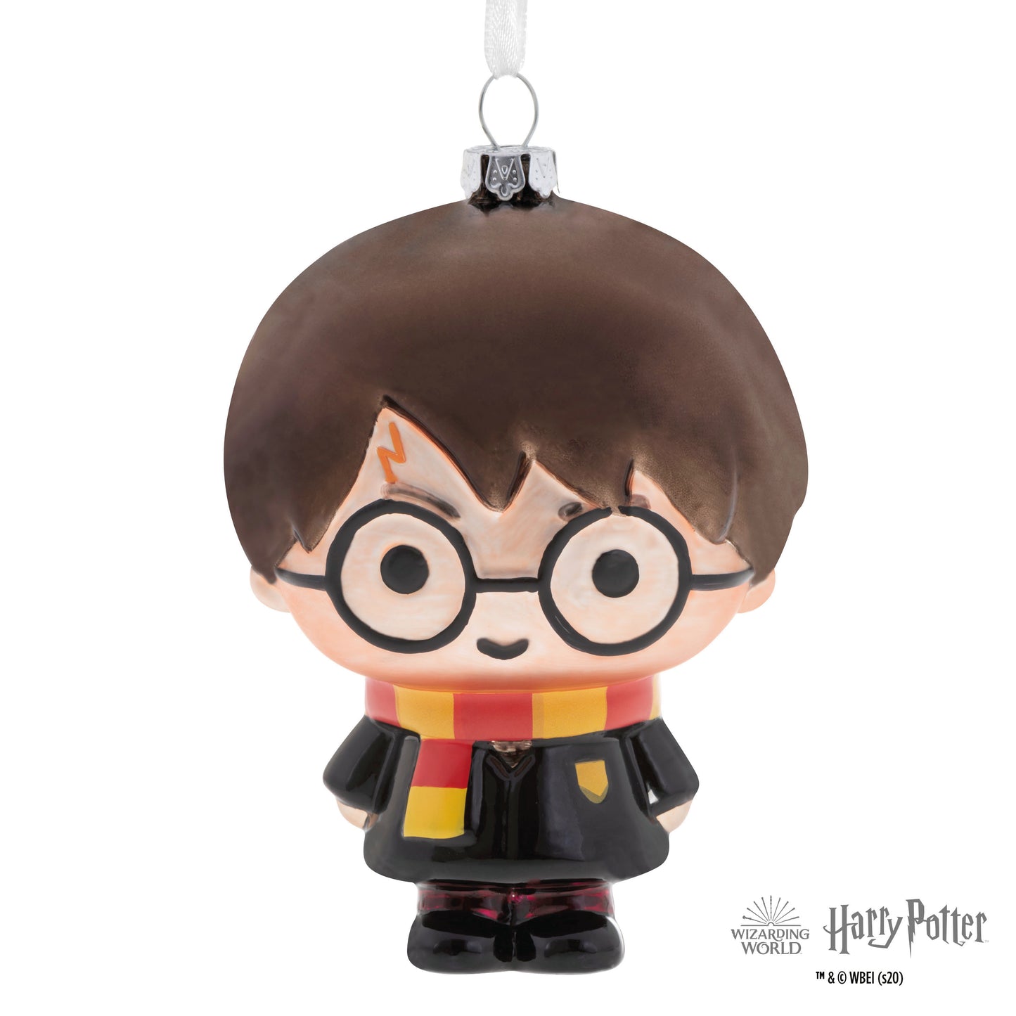 Harry Potter - Hallmark Glass Christmas Ornament in bright colours featuring a stylised design of Harry with glasses and a scarf, front view.