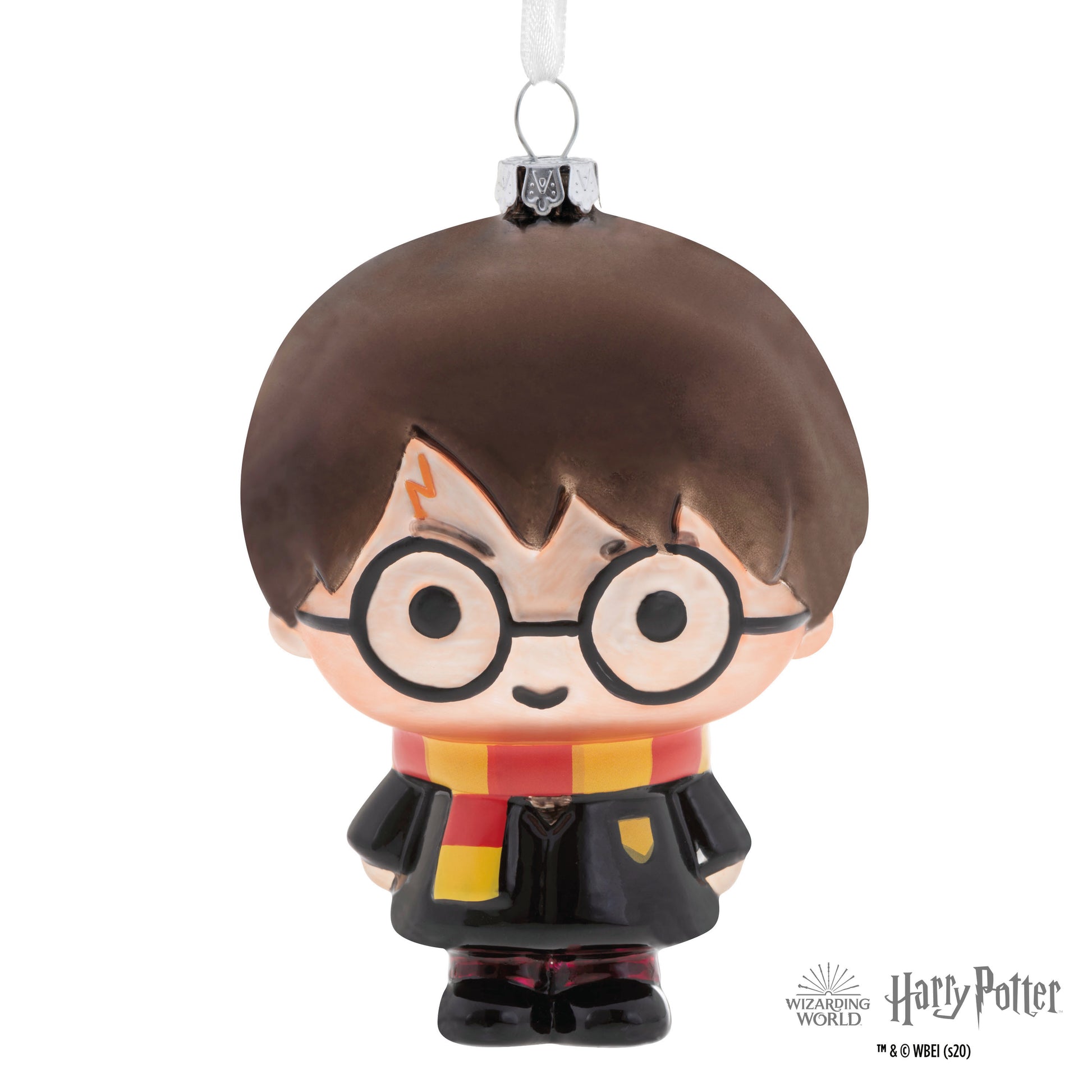 Harry Potter - Hallmark Glass Christmas Ornament in bright colours featuring a stylised design of Harry with glasses and a scarf, front view.