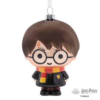 Harry Potter - Hallmark Glass Christmas Ornament in bright colours featuring a stylised design of Harry with glasses and a scarf, front view.
