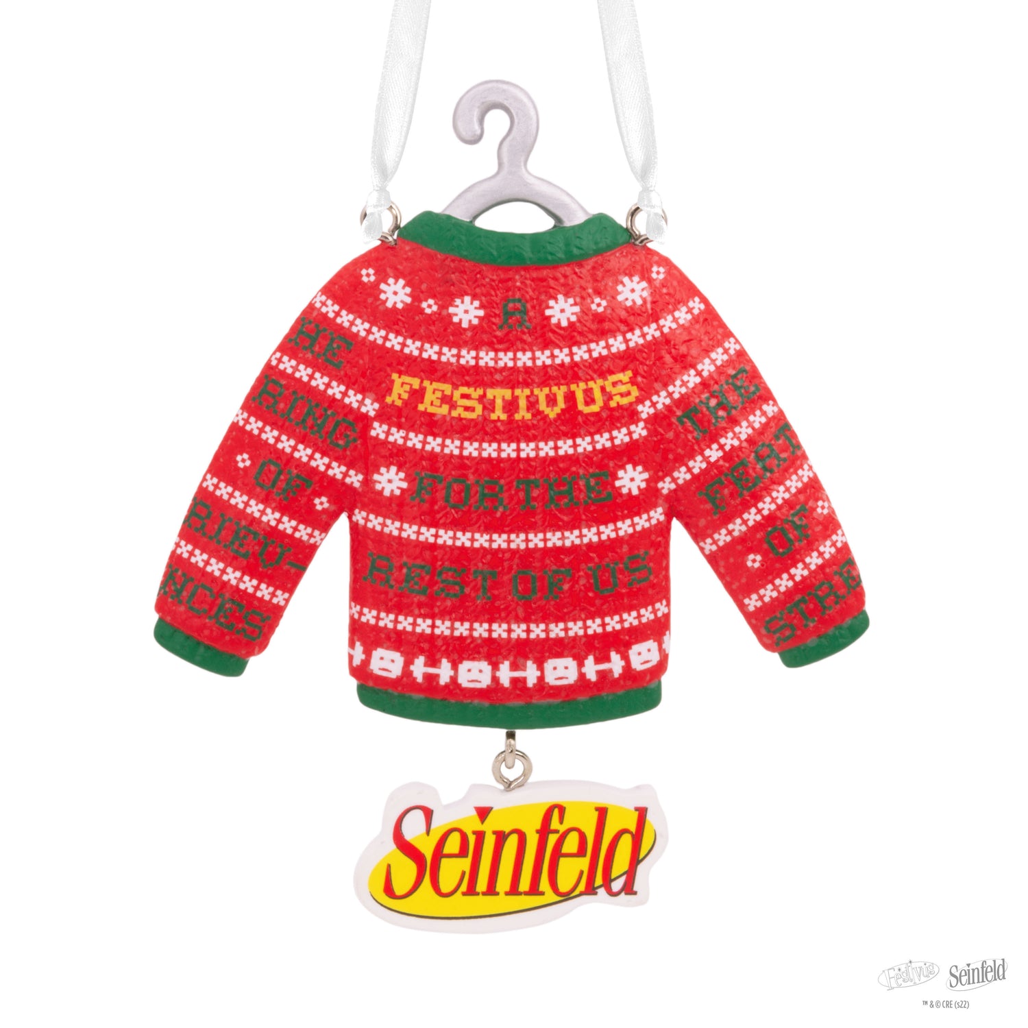 Seinfeld Festivus for the Rest of Us sweater - Hallmark Christmas ornament, red and green design with festive lettering, hanging view.