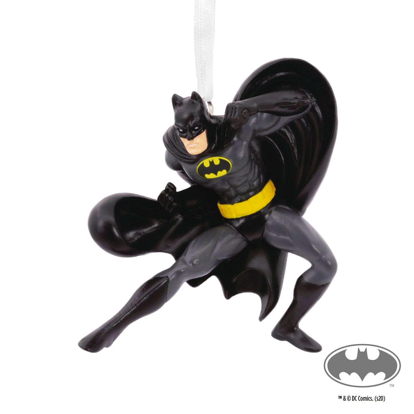 DC Comics Batman - Hallmark Christmas Ornament in action pose with black cape and yellow emblem, ideal for festive decorations.