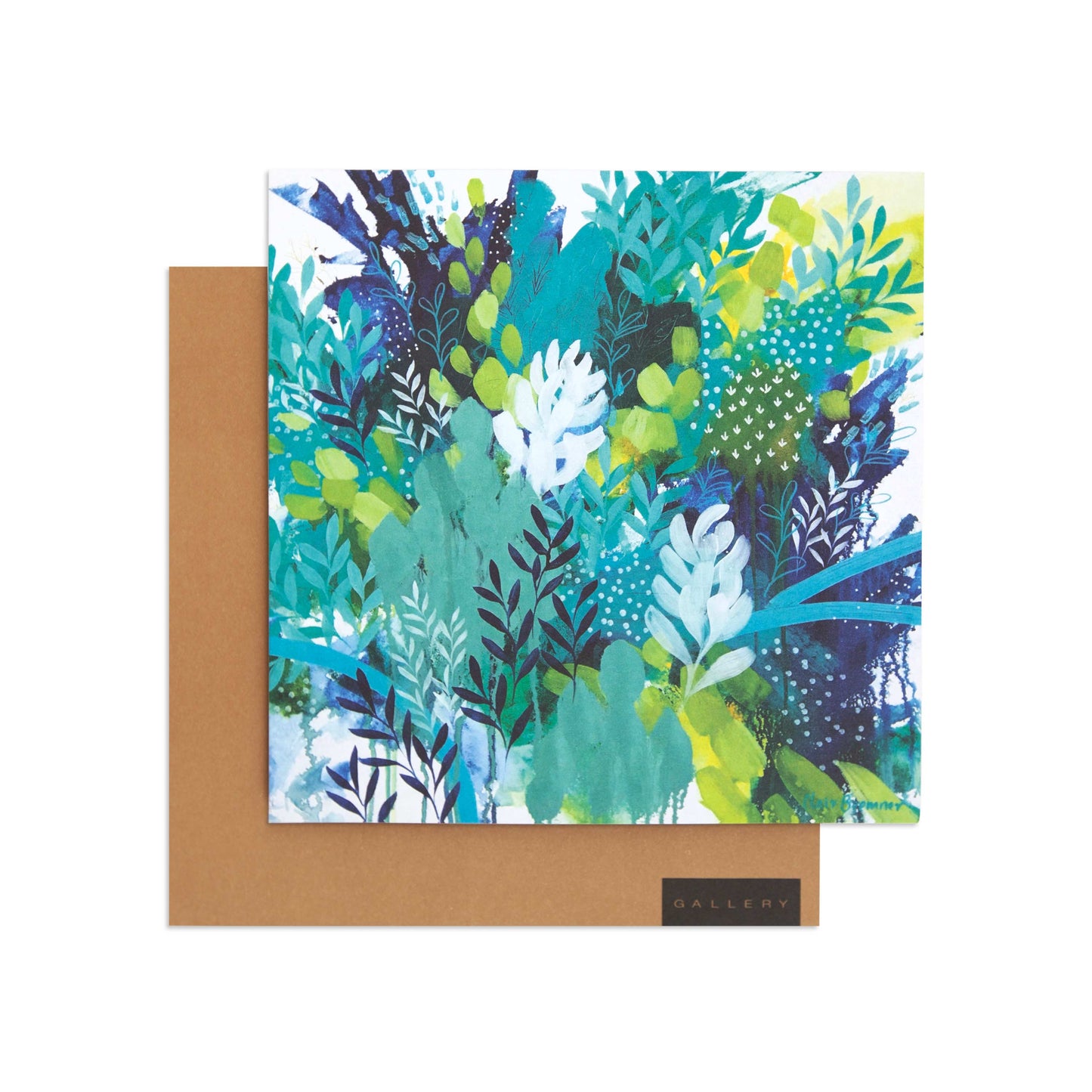 Abundant Foliage by Clair Bremner Blank Card in vibrant blue and green illustration with brown kraft envelope.