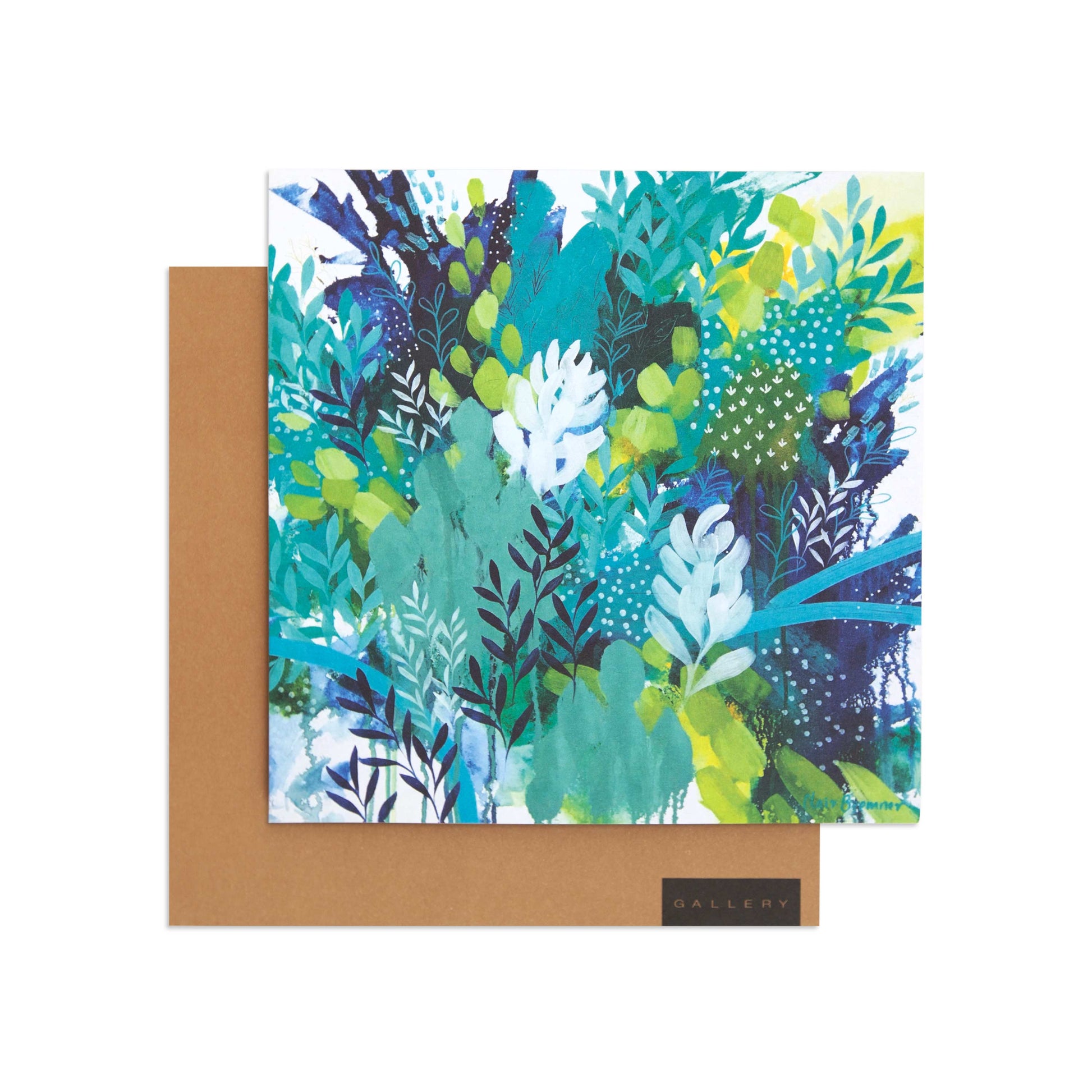 Abundant Foliage by Clair Bremner Blank Card in vibrant blue and green illustration with brown kraft envelope.