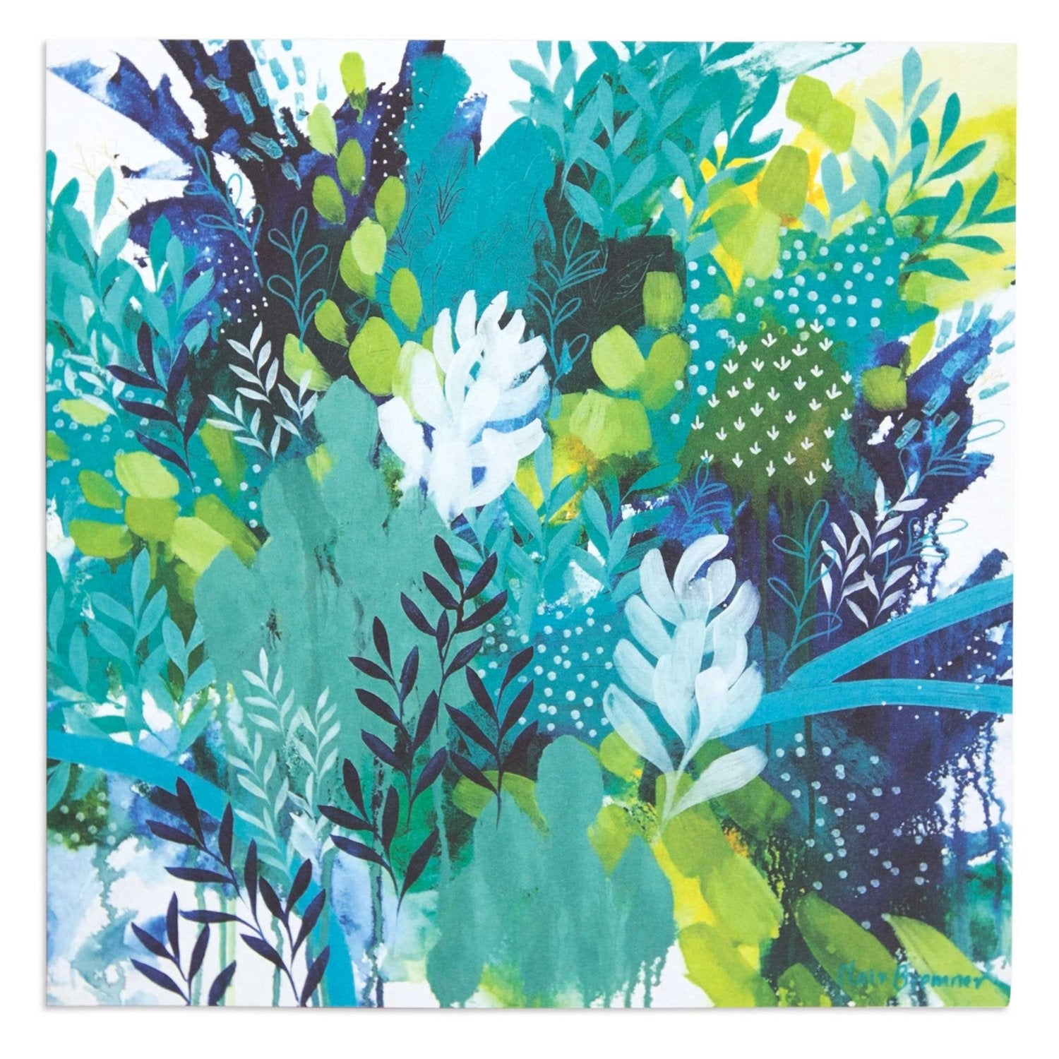 Abundant Foliage by Clair Bremner Blank Card, square card featuring vibrant blue and green hand-drawn foliage illustration.