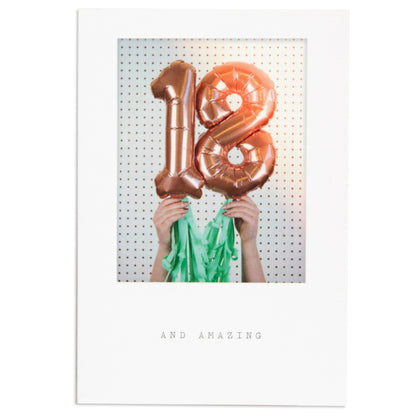 Contemporary Polaroid Balloon 18th Birthday Card featuring rose gold foil '18' balloons with green tassels, glossy front design.