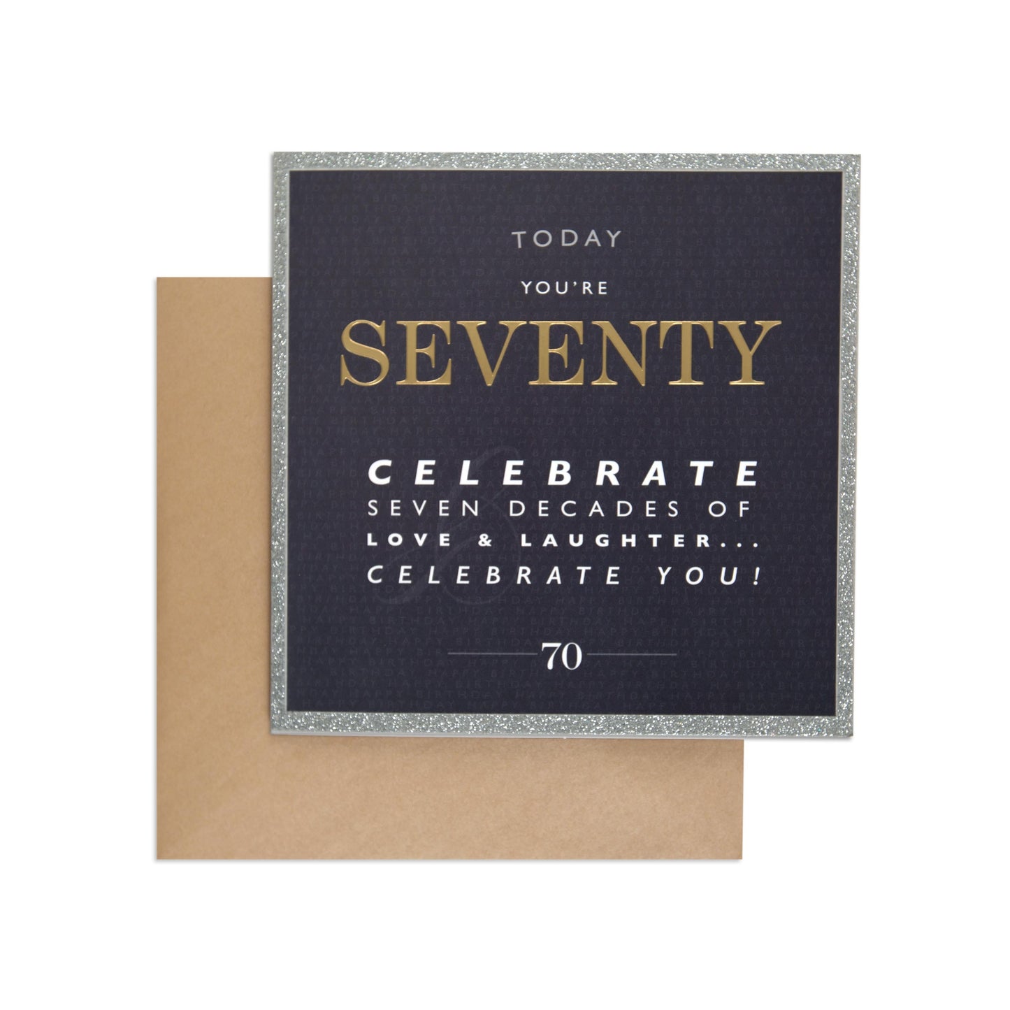 Elegant Silver Glitter 70th Birthday Card featuring a silver glitter border and gold foil lettering with a matte black background, flat lay view.