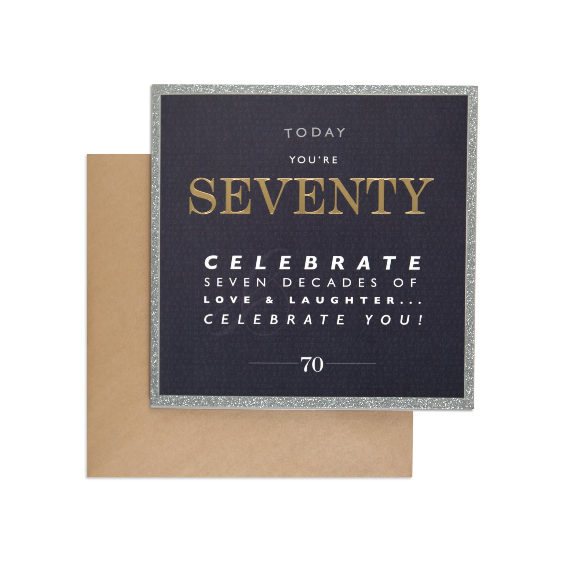 Elegant Silver Glitter 70th Birthday Card featuring a silver glitter border and gold foil lettering with a matte black background, flat lay view.