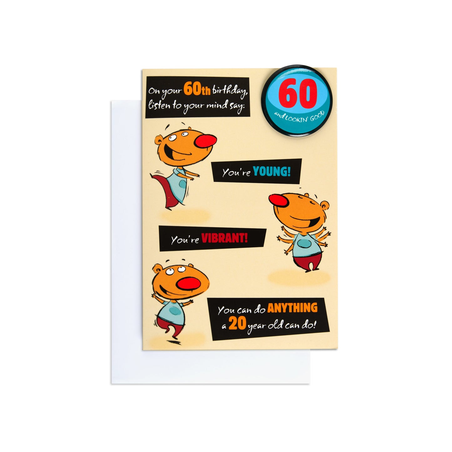 Funny 60th birthday card with detachable badge featuring cartoon characters and vibrant text, flat lay on white background.