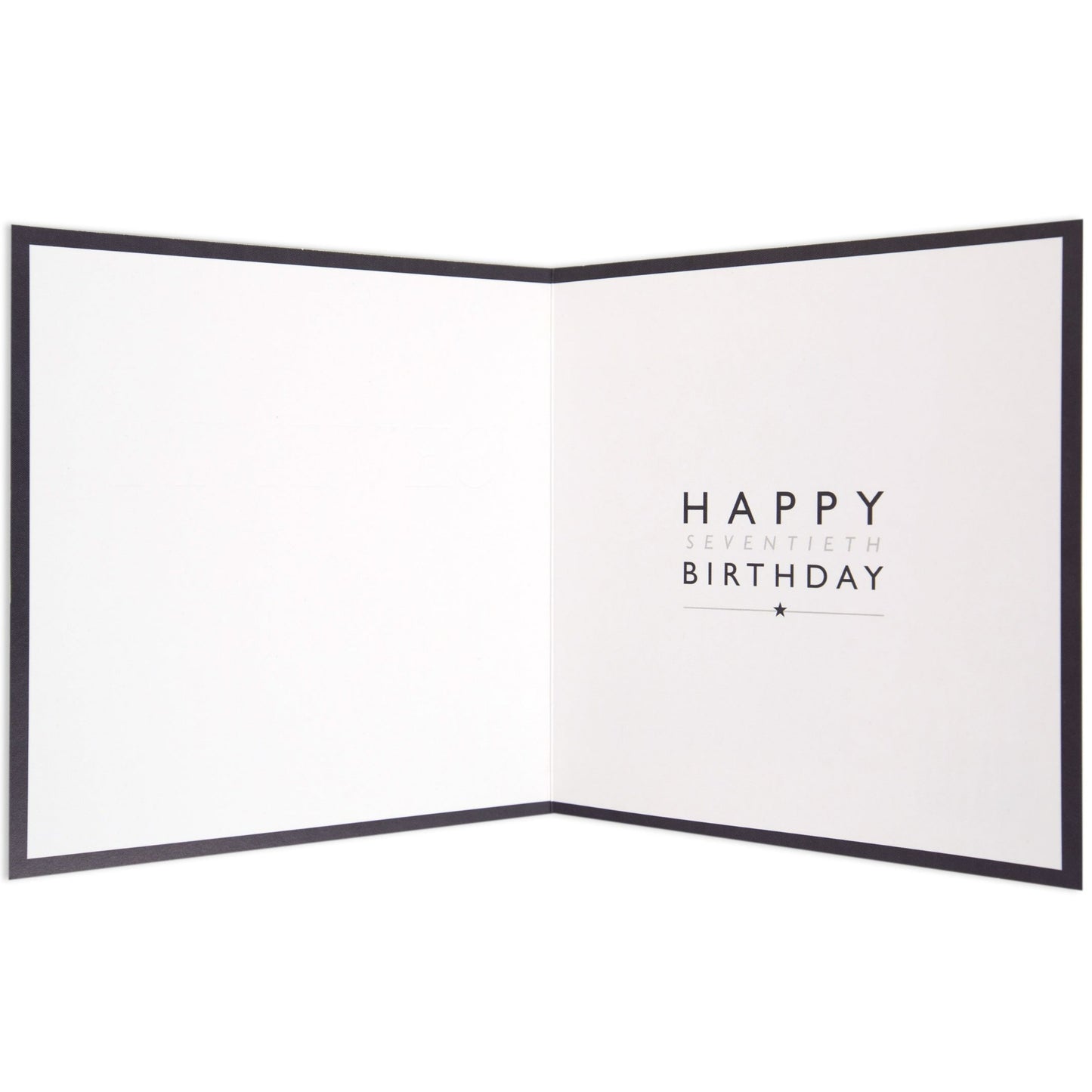 Elegant Silver Glitter 70th Birthday Card, inside view, features black border and printed message 'Happy Seventieth Birthday'.