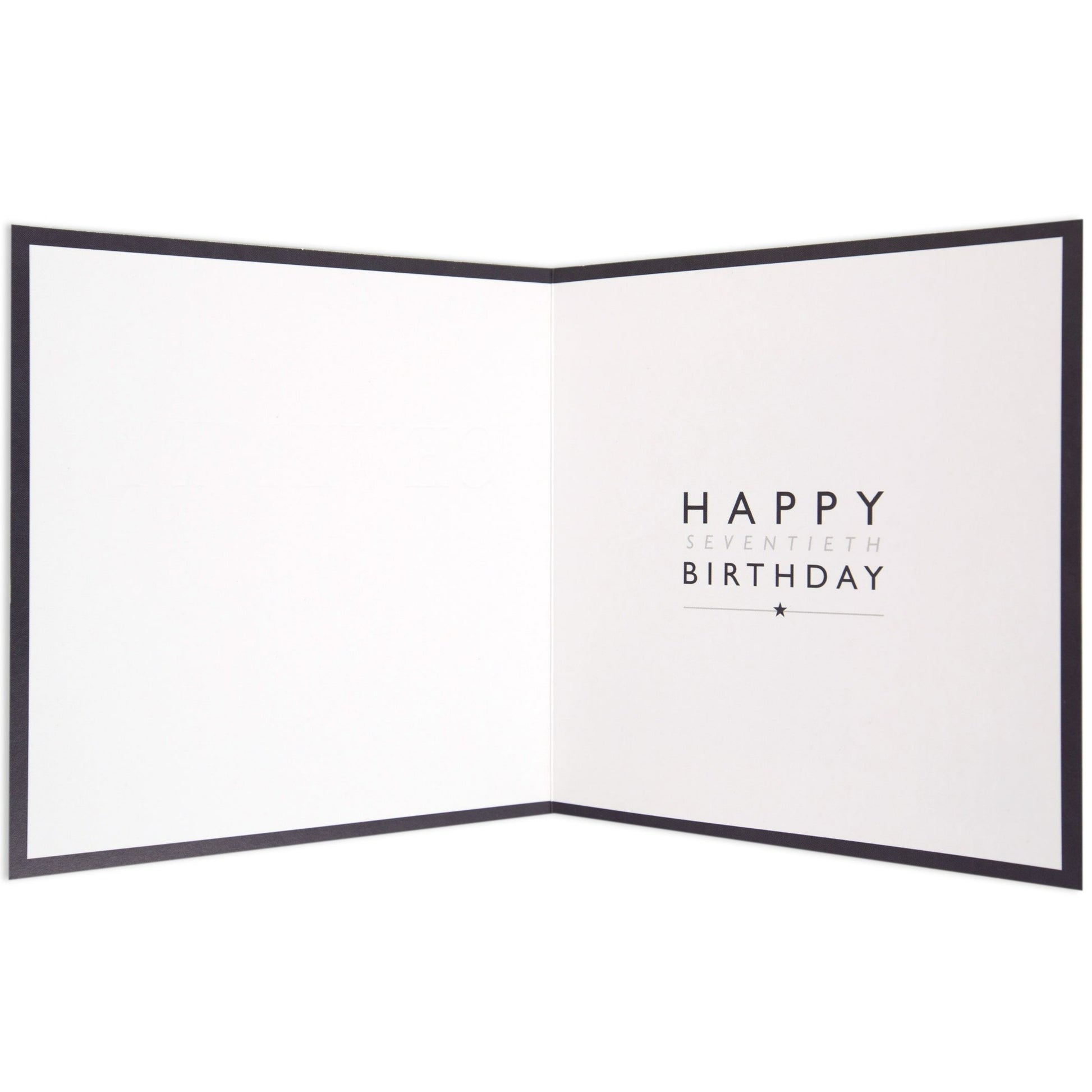 Elegant Silver Glitter 70th Birthday Card, inside view, features black border and printed message 'Happy Seventieth Birthday'.