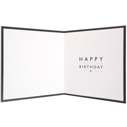 Elegant Silver Glitter 70th Birthday Card, inside view, features black border and printed message 'Happy Seventieth Birthday'.