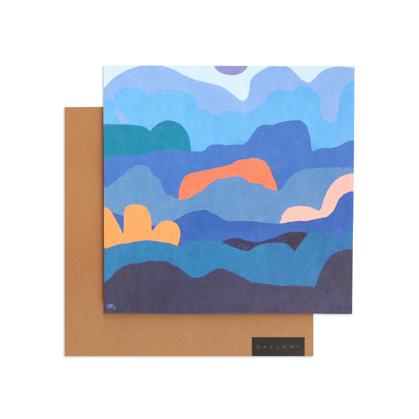 Kingsley by Xander Holliday Blank Card featuring a blue abstract illustration with a brown kraft envelope in a flat lay.