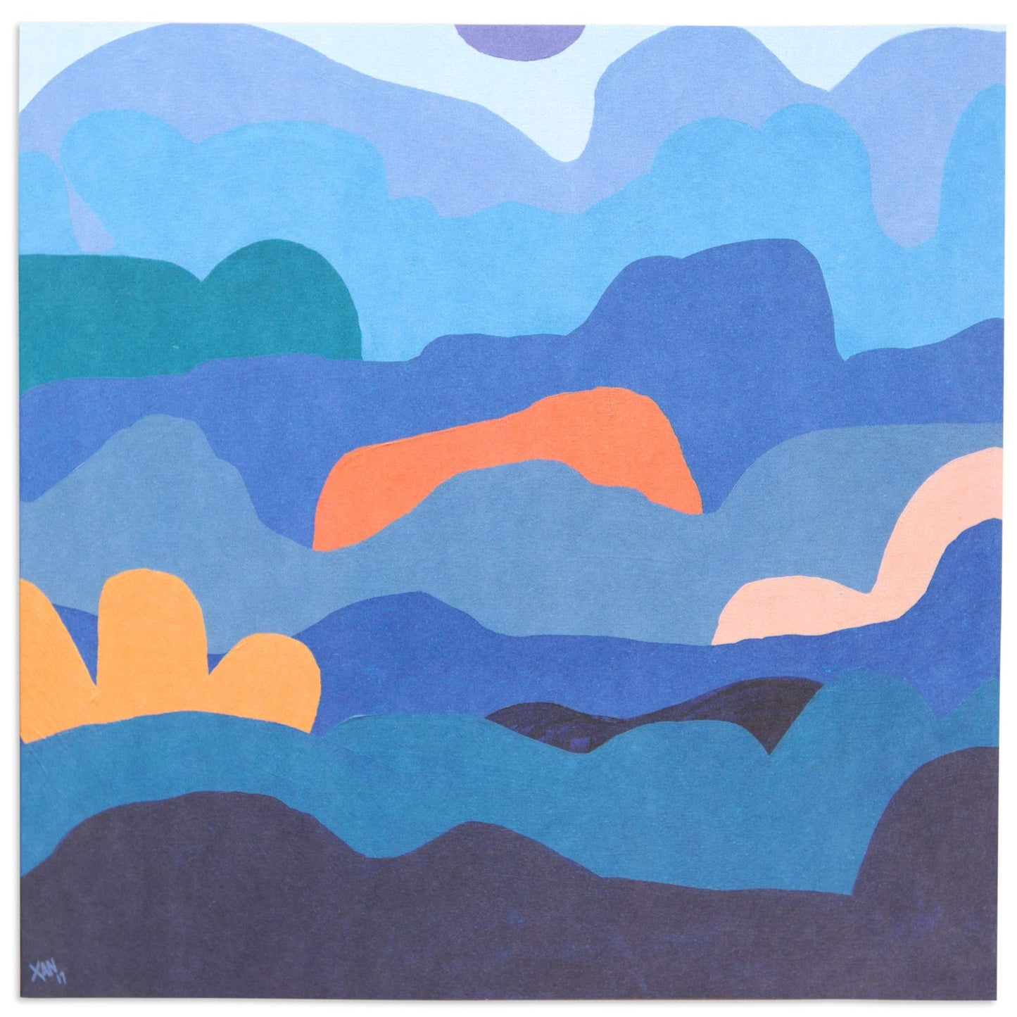 Kingsley by Xander Holliday Blank Card with blue abstract illustration showcasing layered hills and soft colour variations in 16cm x 16cm size.