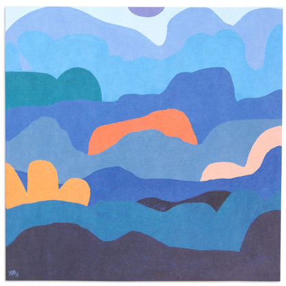 Kingsley by Xander Holliday Blank Card with blue abstract illustration showcasing layered hills and soft colour variations in 16cm x 16cm size.