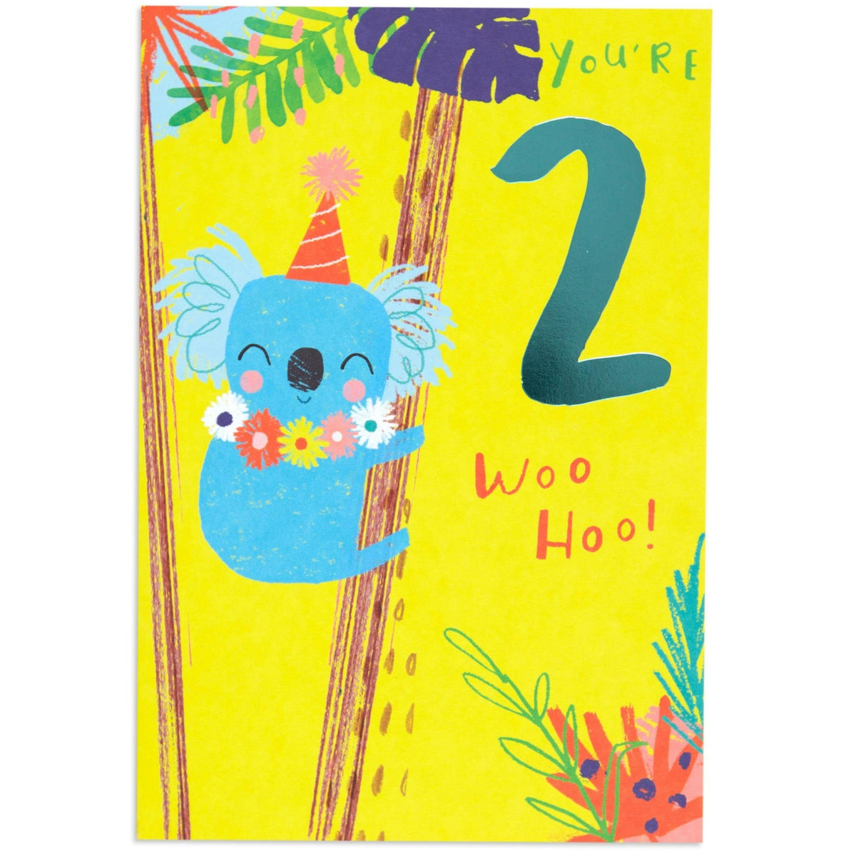 Koala Cute Colourful 2nd Birthday Card features a koala in a party hat celebrating with a blue foil stamped 2 on a bright background.
