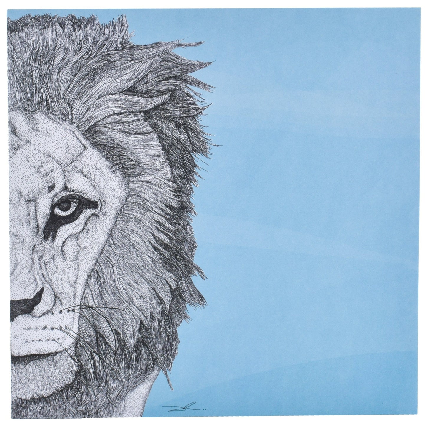 Leo the Lion by 'Dots by Donna'- Blank Card featuring a detailed lion illustration on a blue background.