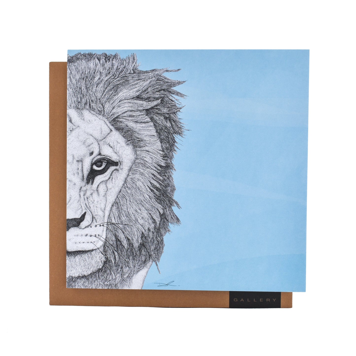 Leo the Lion by 'Dots by Donna'- Blank Card featuring a dot illustration of a lion on a blue background with a brown kraft envelope.