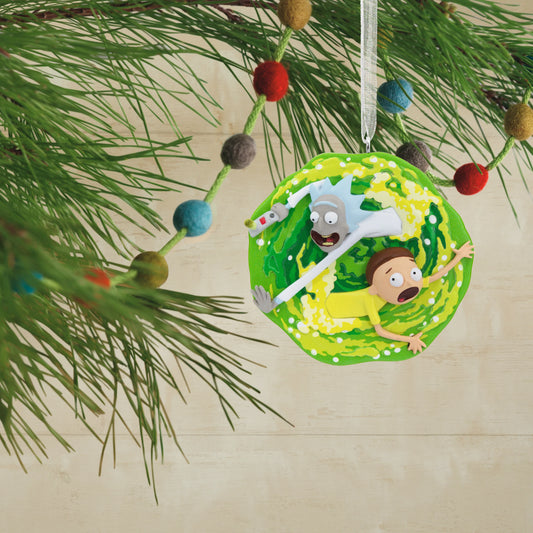 Rick and Morty - Hallmark Christmas Ornament featuring Rick Sanchez and Morty in a vibrant green portal, hanging from a pine branch.