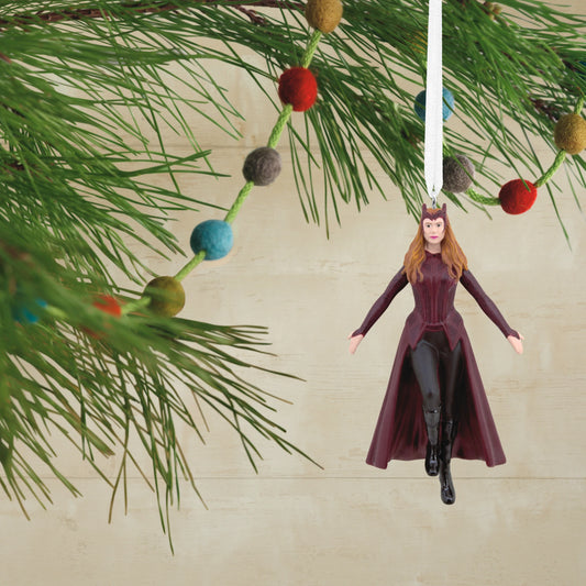 Marvel Studios Scarlet Witch Doctor Strange in the Multiverse of Madness - Hallmark Christmas Ornament hanging from a pine branch with colourful decorations.