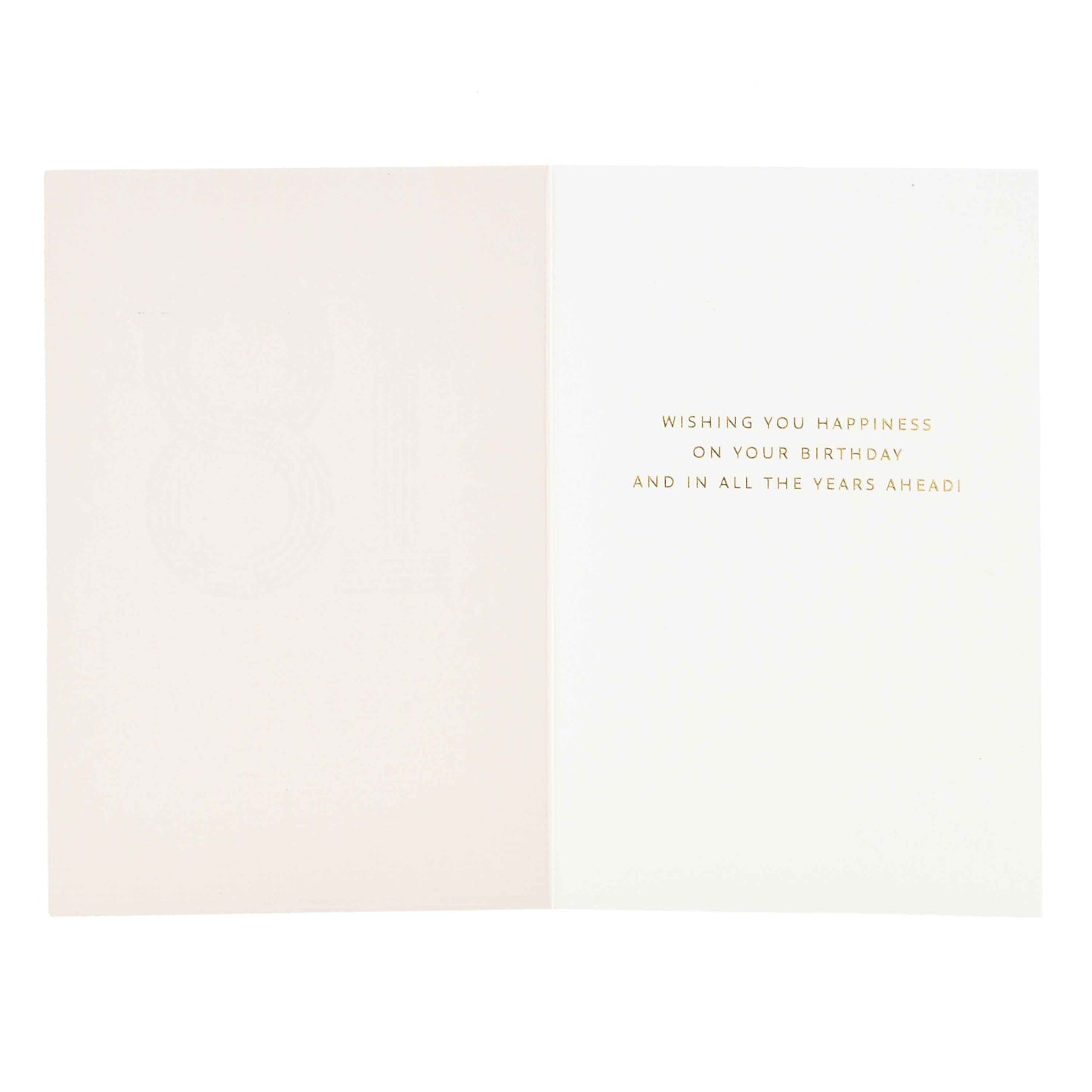 Signature Studio 18th Birthday Card - Wishing You Happiness! open view featuring embossed gold foil text on inside.