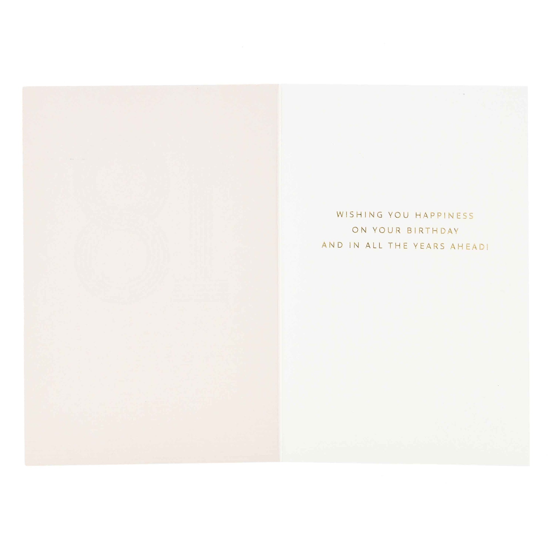 Signature Studio 18th Birthday Card - Wishing You Happiness! open view featuring embossed gold foil text on inside.