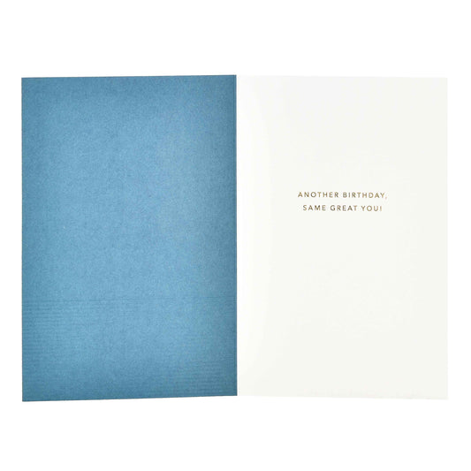 Signature Studio 30th Birthday Card - Same Great You! opened, featuring gold foil text and blue interior.